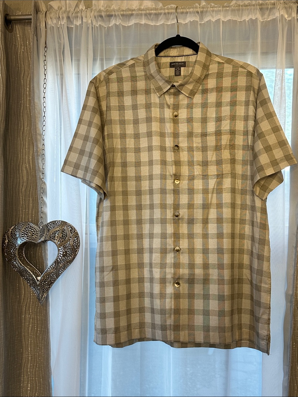 Van Heusen Men’s Short-Sleeve Plaid Button-Up Shirt - Beige and Cream